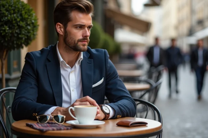 Homme élégant attablé en terrasse avec une sélection d'accessoires de mode tendance, montre, lunettes et porte-cartes en cuir