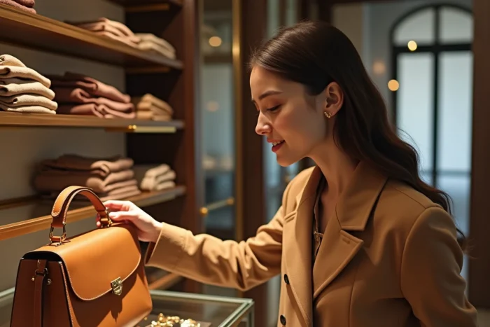 Jeune femme découvrant des accessoires tendance dans une boutique parisienne élégante, sac en cuir caramel et écharpe en soie sur le comptoir
