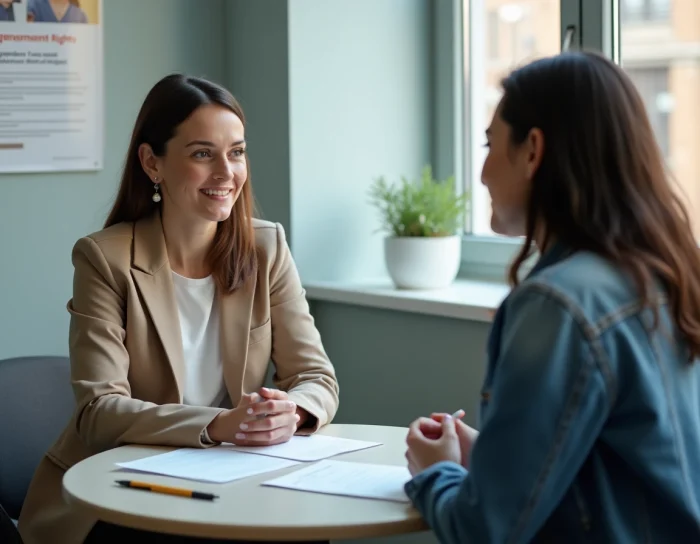Une conseillère en insertion professionnelle accompagne une femme dans les démarches de résiliation de son contrat d'insertion