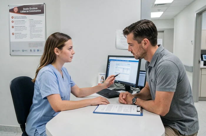 Secrétaire médicale aidant un patient à comprendre ses droits de remboursement à 100% à l'hôpital