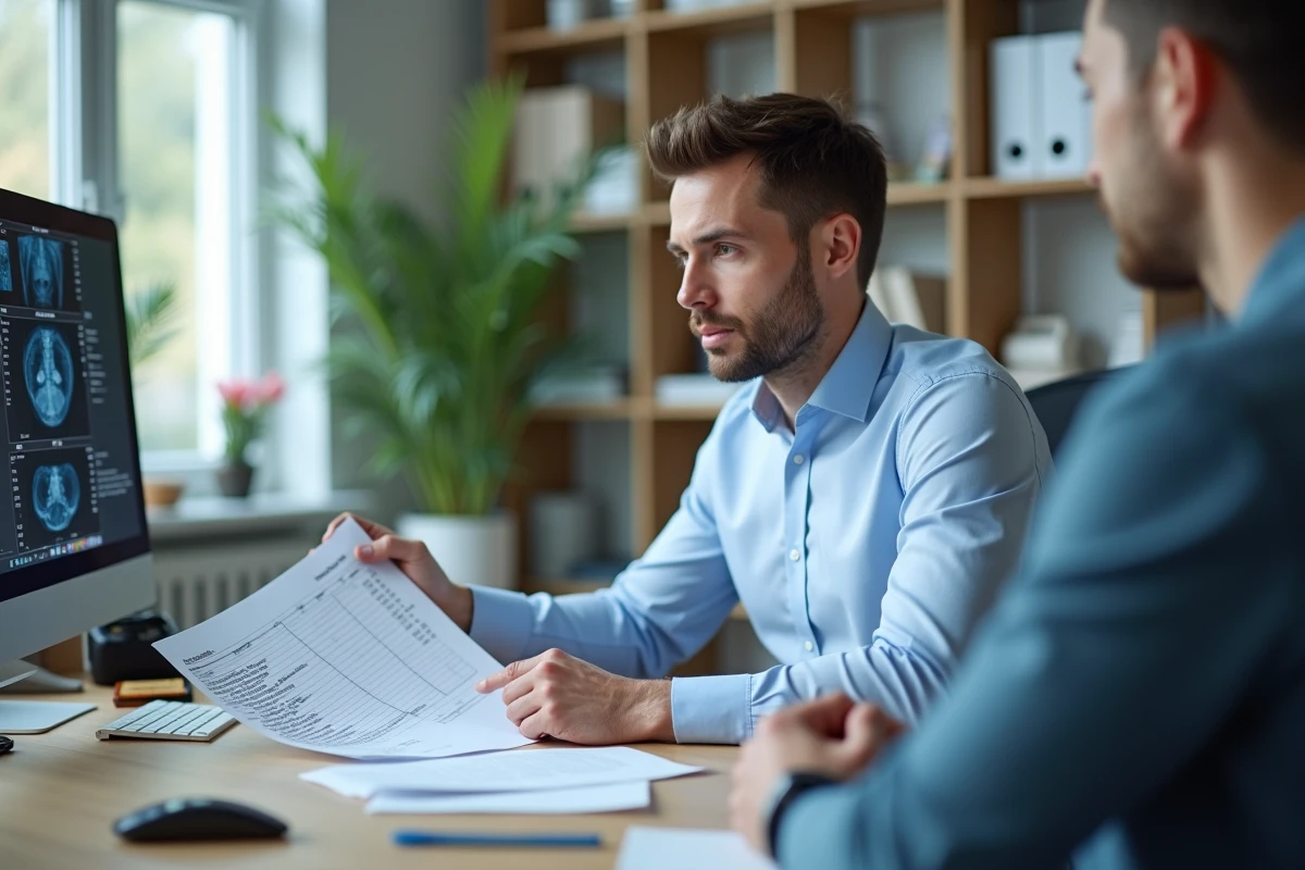 Jeune administrateur médical explique une facture PET à un patient