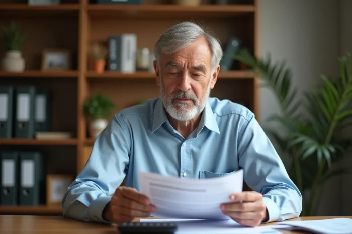 Homme senior calculant son solde de tout compte à la retraite avec des documents financiers sur un bureau en bois
