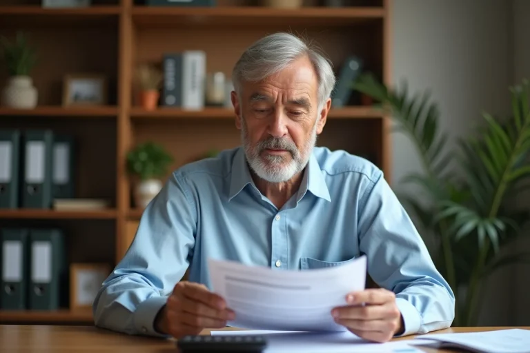 Homme senior calculant son solde de tout compte à la retraite avec des documents financiers sur un bureau en bois