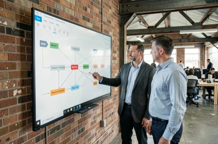 Deux chefs de projet analysant un tableau de bord collaboratif dans un espace de coworking industriel