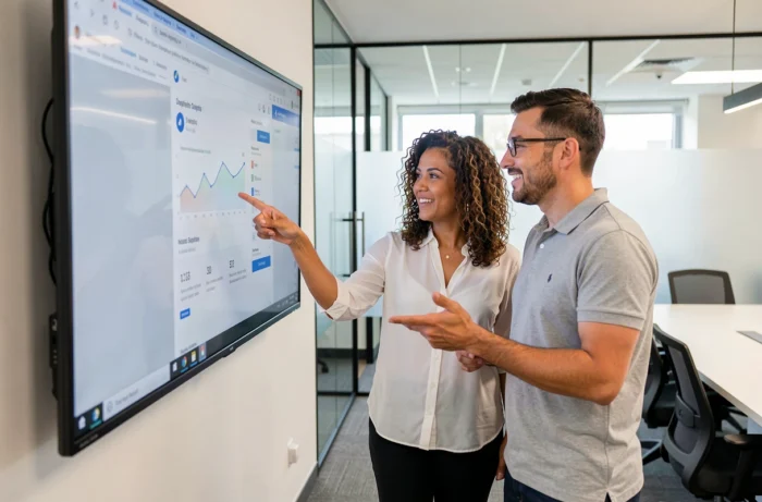 Deux collègues collaborant devant un écran tactile affichant une interface web innovante dans une salle de réunion moderne
