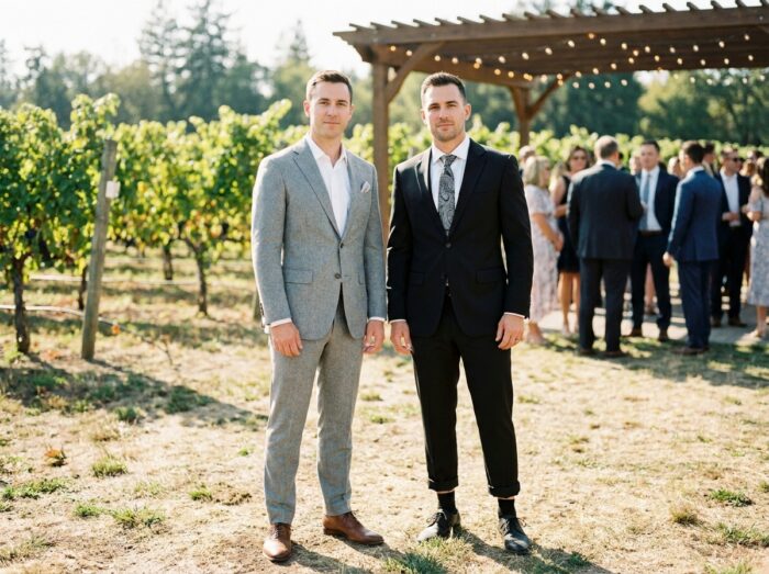Comparaison de deux hommes en tenue de mariage en plein air, l'un bien habillé et l'autre commettant des erreurs vestimentaires