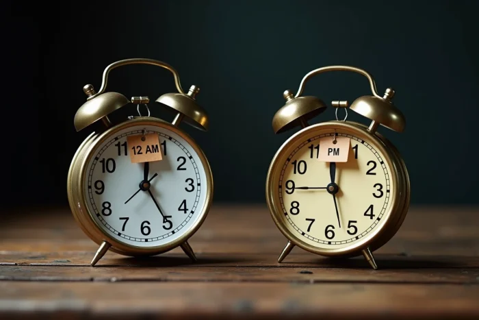 Deux réveils vintage côte à côte étiquetés 12 AM et 12 PM sur une surface en bois rustique