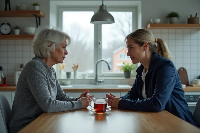 Mère et fille adulte assises en silence à une table de cuisine, tension émotionnelle visible entre elles, symbolisant une relation conflictuelle et le rejet familial