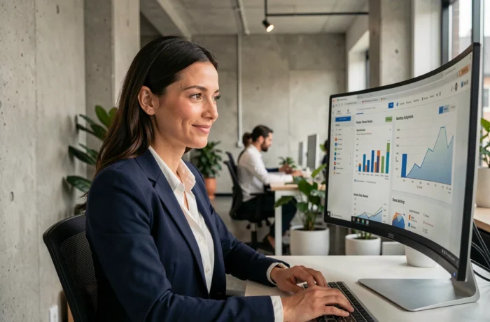 Consultante en agence web analysant des données de présence digitale sur un écran moderne dans un bureau créatif