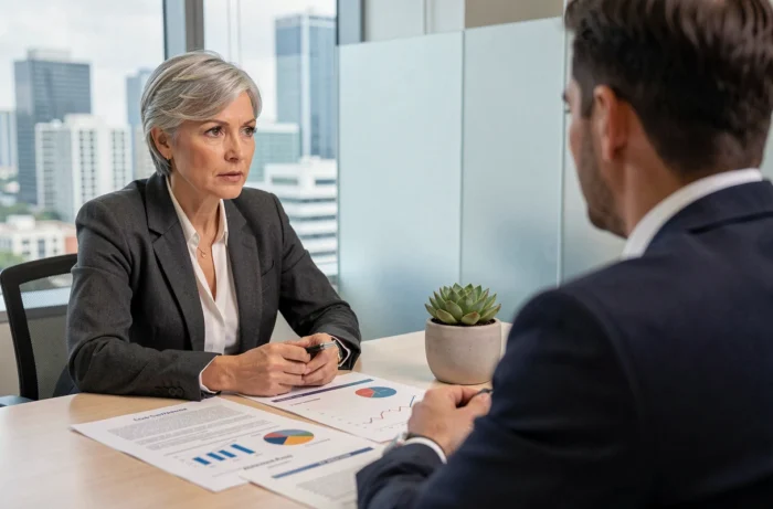 Femme en consultation avec un conseiller financier pour préparer sa retraite dans un bureau professionnel moderne