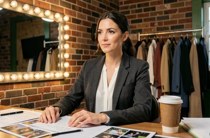 Actrice brune en blazer charbon dans les coulisses d'un studio de tournage entourée de scripts annotés pour The Cry saison 2