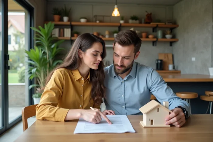 Couple examinant un contrat immobilier et une maquette de maison pour planifier leur investissement