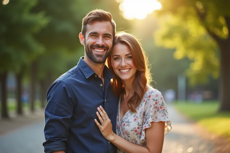 Couple heureux dans un parc urbain, homme et femme souriants dans une tenue décontractée estivale