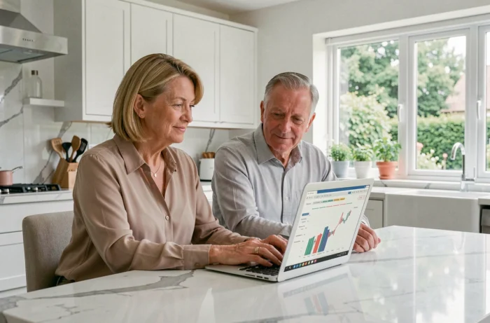Couple de retraités planifiant leur avenir financier ensemble devant un ordinateur portable dans une cuisine moderne