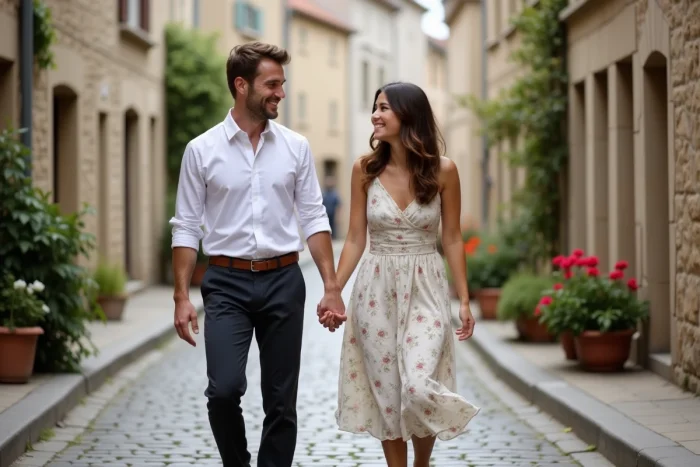 Couple se promenant main dans la main dans une rue pavée d'une ville française historique