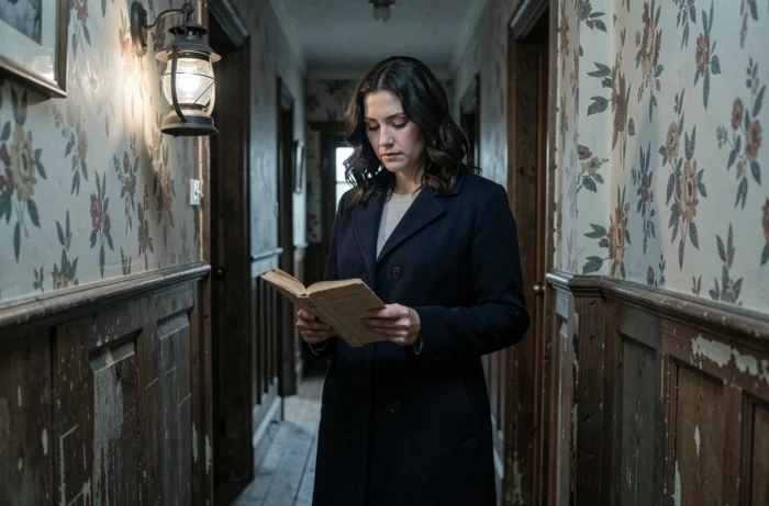 Femme en manteau marine tenant un script dans un couloir de décor de série télévisée évoquant l'univers de The Cry saison 2