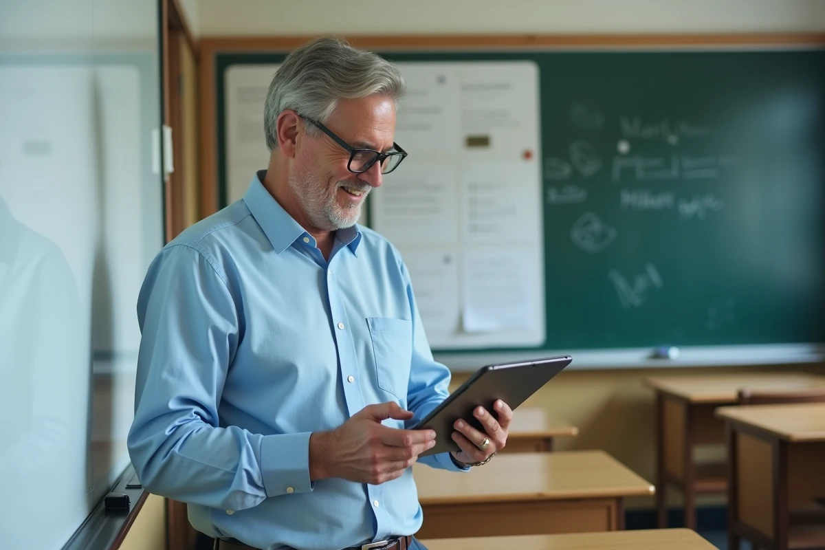 Enseignant avec tablette dans une salle de classe
