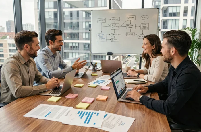 Équipe d'une agence web spécialisée en communication en ligne collaborant autour d'une stratégie de présence digitale