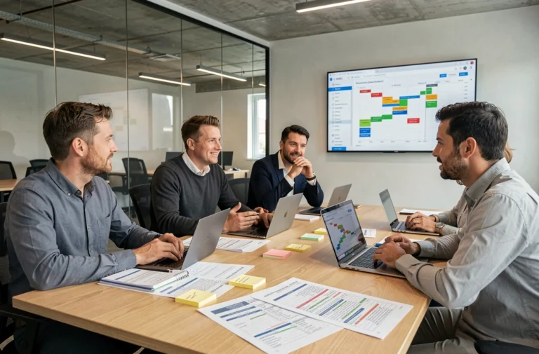 Équipe de professionnels collaborant autour d'un logiciel de gestion de projet en réunion d'entreprise