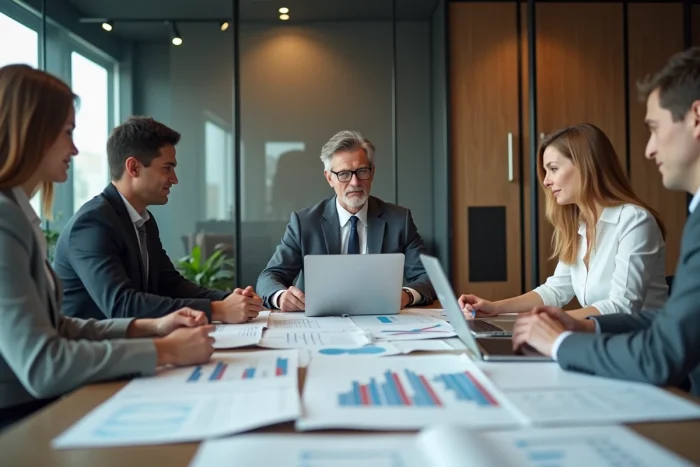 Équipe de professionnels de la finance en réunion autour d'une table de conférence avec graphiques et ordinateurs portables