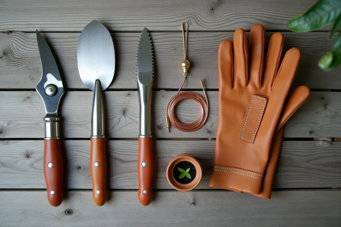 Mise à plat d'équipements de jardin haut de gamme sur planches en chêne gris avec gants en cuir et outils en acier