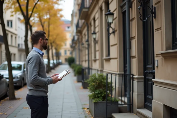 Homme évaluant la façade d'un immeuble résidentiel rénové pour un investissement locatif
