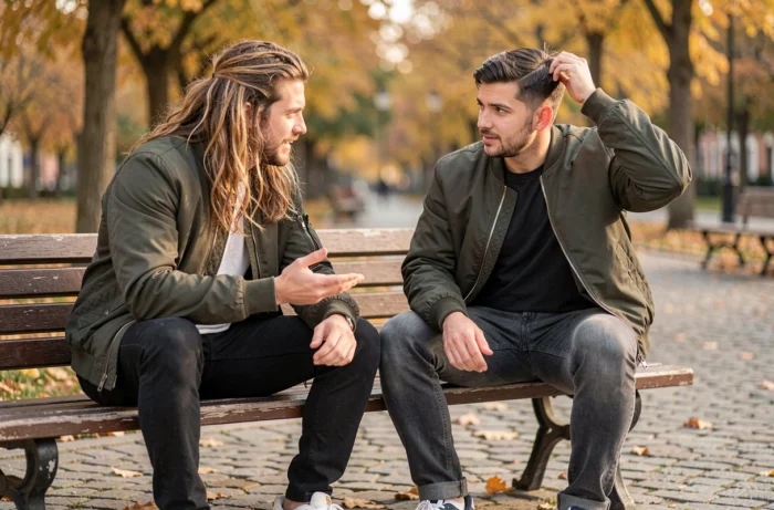 Deux hommes discutant des extensions de cheveux masculines en extérieur dans un parc urbain en automne