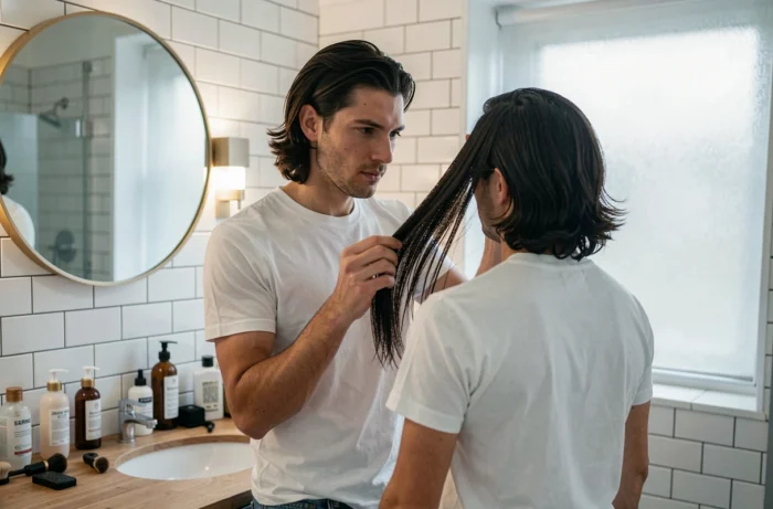 Homme testant des extensions de cheveux à ruban chez lui devant un miroir de salle de bain