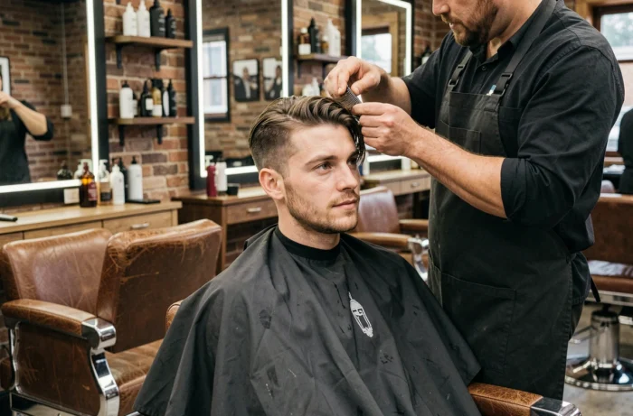 Coiffeur professionnel appliquant des extensions de cheveux à clips sur un homme en salon de coiffure moderne
