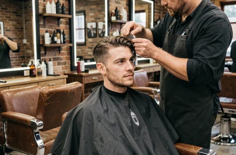 Coiffeur professionnel appliquant des extensions de cheveux à clips sur un homme en salon de coiffure moderne