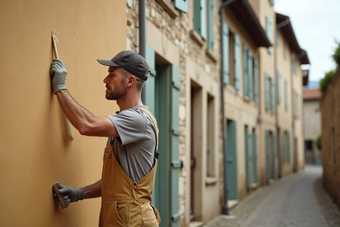 Artisan en train de repeindre la façade d'un bâtiment classé en France avec une teinte ocre conforme aux réglementations des Bâtiments de France
