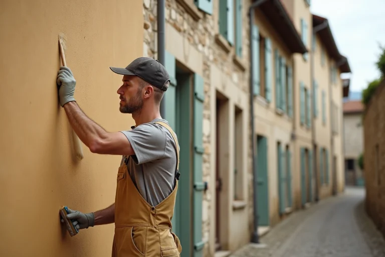 Artisan en train de repeindre la façade d'un bâtiment classé en France avec une teinte ocre conforme aux réglementations des Bâtiments de France