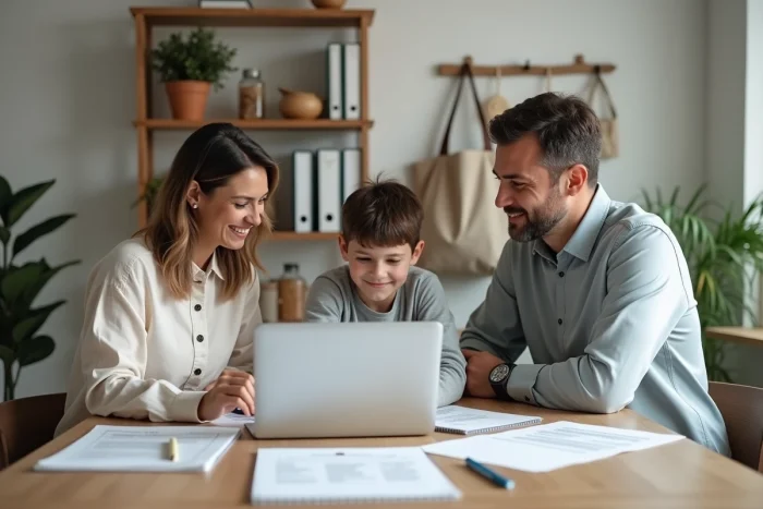 Famille réunie autour d'une table consultant des ressources familiales sur ordinateur portable et guides imprimés