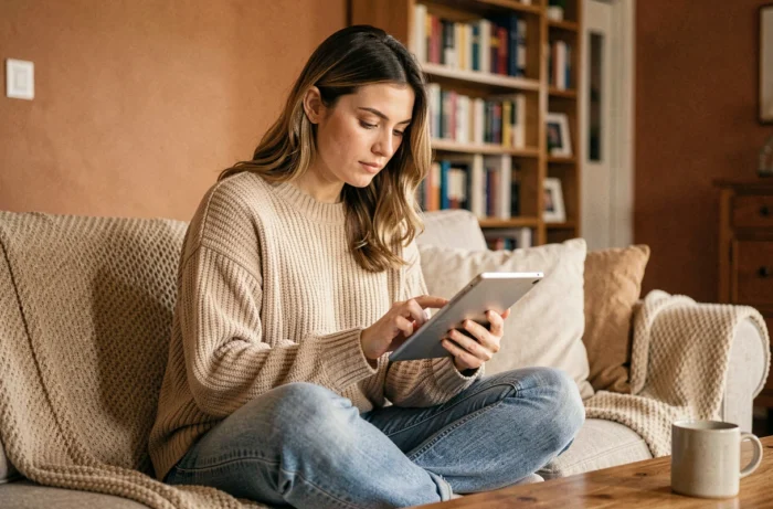 Jeune femme lisant les actualités sur une tablette dans un salon confortable