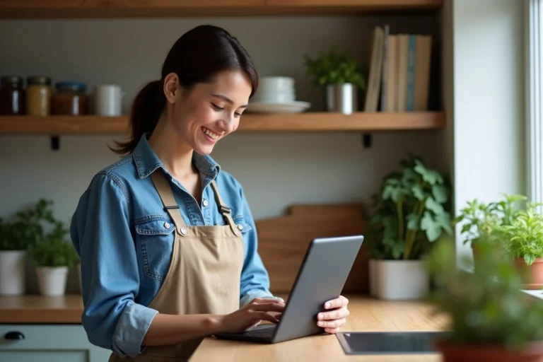 Femme en cuisine regardant un blog culinaire sur tablette