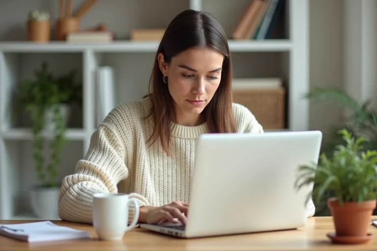 Femme blogueure travaillant sur son ordinateur portable dans un bureau à domicile cosy pour lancer son blog en 2024