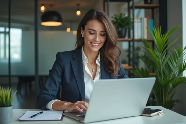 Femme d'affaires concentrée devant son ordinateur au bureau