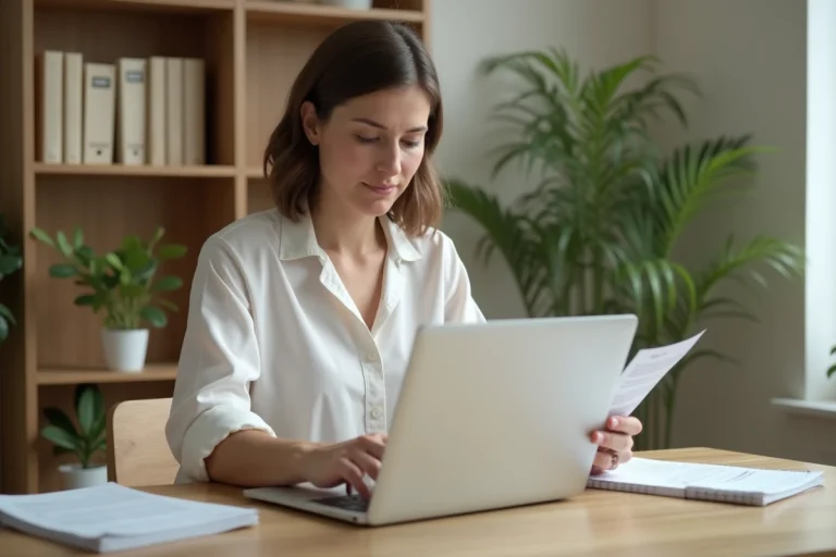 Femme assise à son bureau à la maison en train de travailler