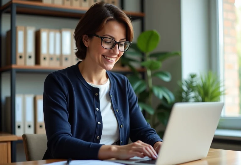 Femme d'âge moyen au bureau à domicile souriante