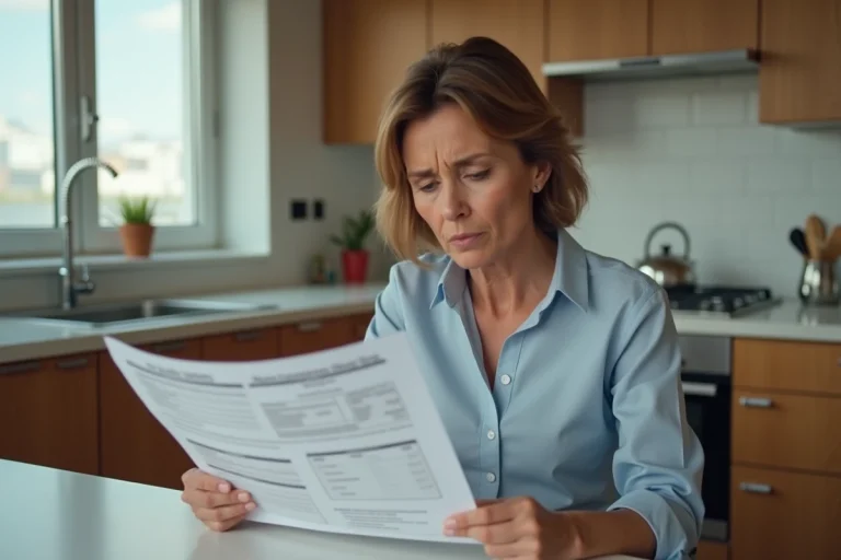 Femme d'âge moyen examine une facture de scan PET à la maison