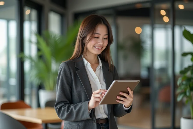 Jeune femme souriante avec tablette dans espace coworking