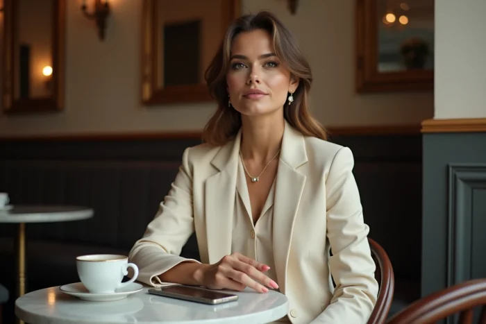 Femme élégante assise dans un café parisien avec un blazer crème et une expression réfléchie