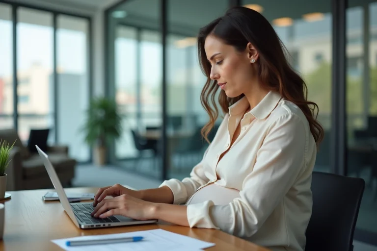 Femme enceinte au bureau moderne travaillant sur son ordinateur