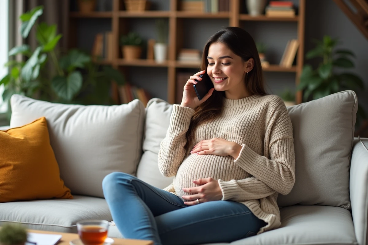 Femme enceinte à la maison parlant au téléphone avec sourire