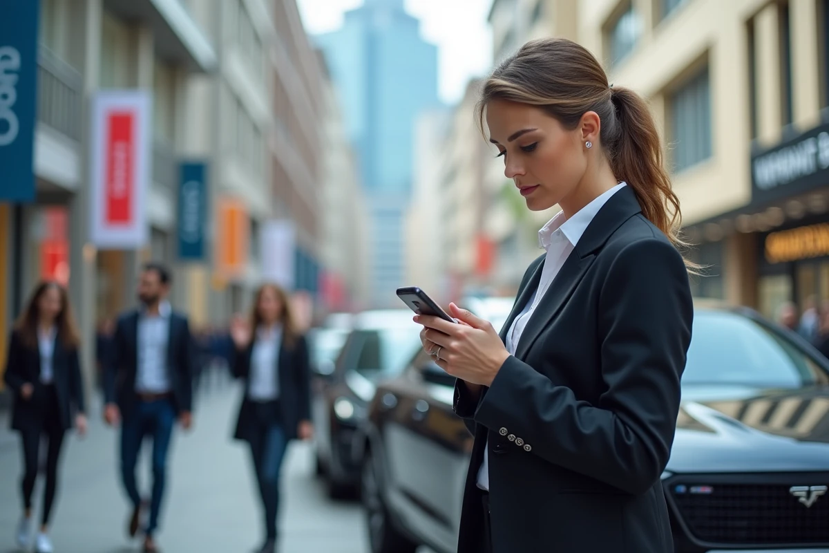 Femme d age moyen regarde voiture lors d un salon auto urbain