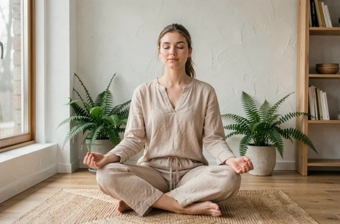 Femme pratiquant la méditation dans un salon minimaliste scandinave pour améliorer son bien-être quotidien