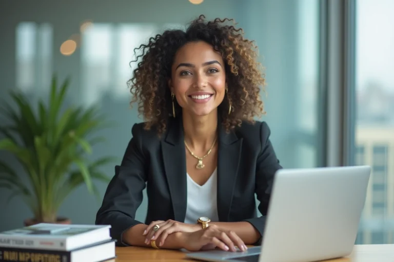 Jeune femme moyen-orientale en bureau moderne avec ordinateur