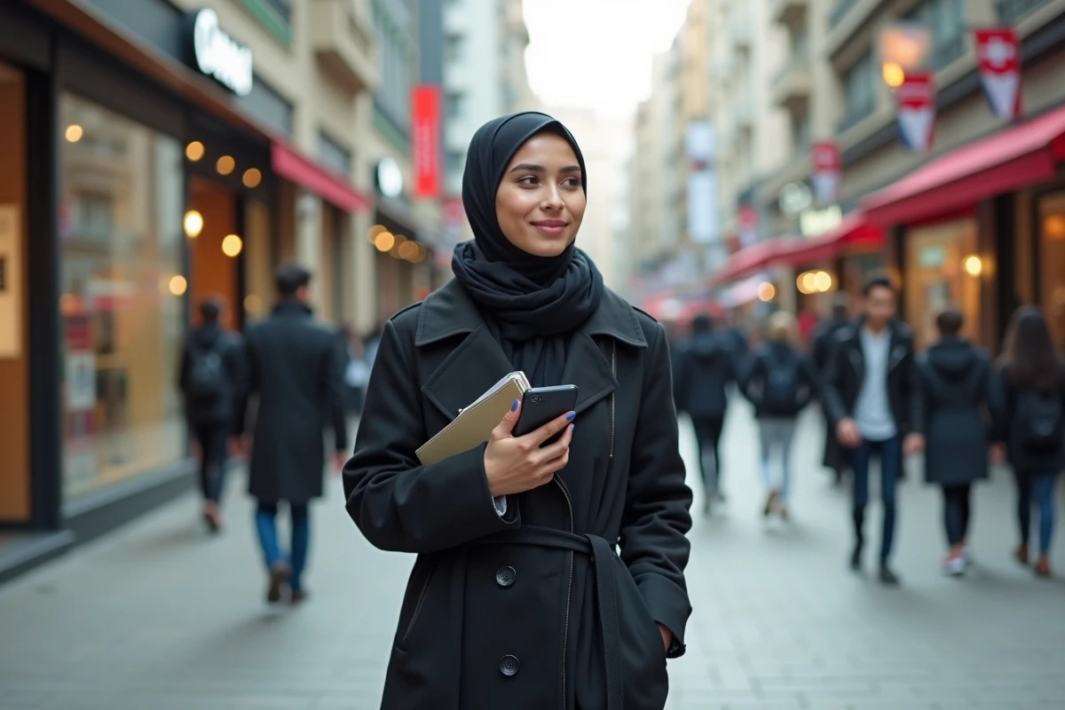 Femme moyen-orientale en trench dans une place urbaine animée