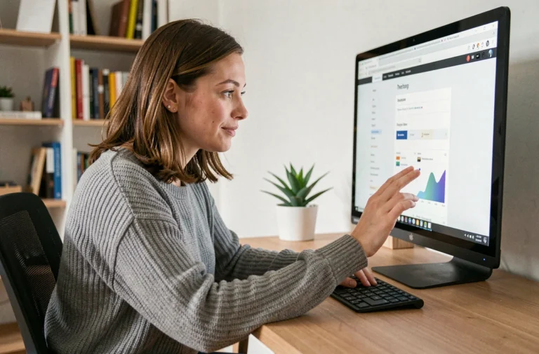 Femme utilisant une interface web moderne sur un ordinateur de bureau dans un espace de travail à domicile chaleureux