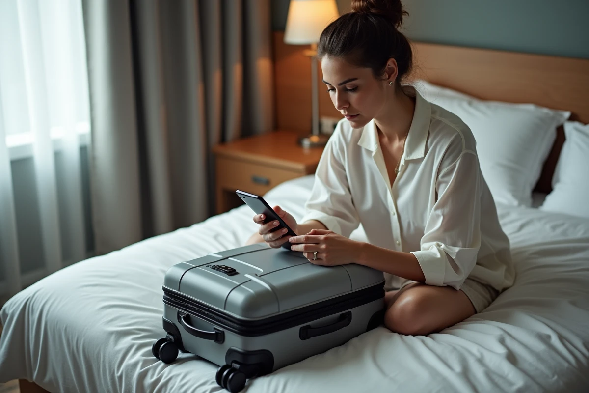 Jeune femme consulte son smartphone avec valise TSA